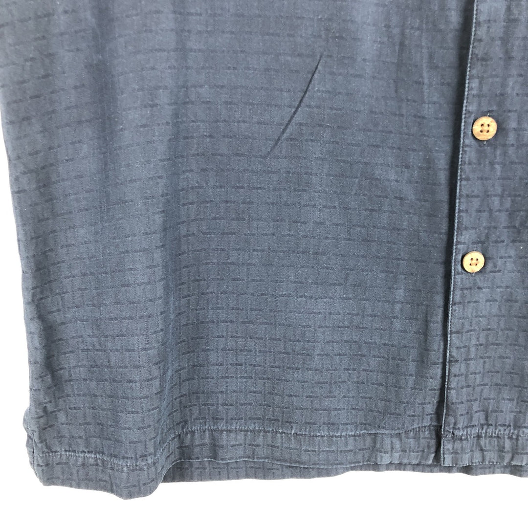 Caribbean Check Pattern Short Sleeve Open Collar Silk Shirt Box Shirt Men's Size L silk navy blue type Vintage Second Hand