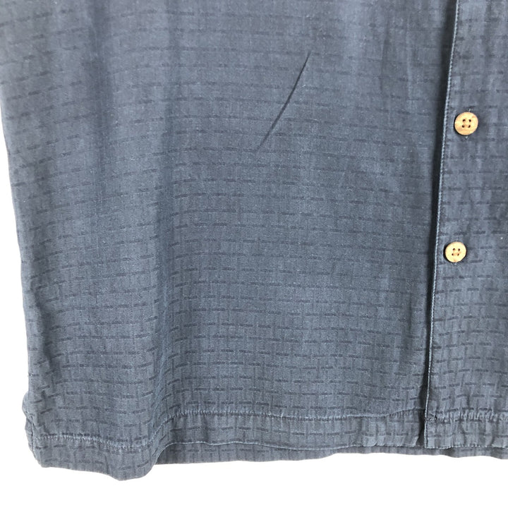 Caribbean Check Pattern Short Sleeve Open Collar Silk Shirt Box Shirt Men's Size L silk navy blue type Vintage Second Hand