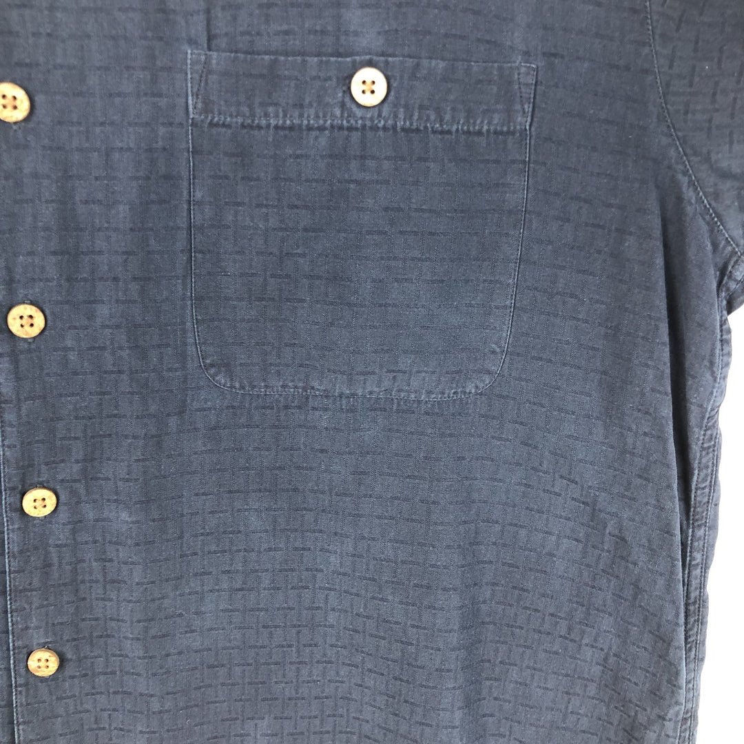 Caribbean Check Pattern Short Sleeve Open Collar Silk Shirt Box Shirt Men's Size L silk navy blue type Vintage Second Hand