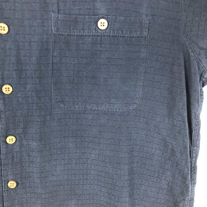 Caribbean Check Pattern Short Sleeve Open Collar Silk Shirt Box Shirt Men's Size L silk navy blue type Vintage Second Hand