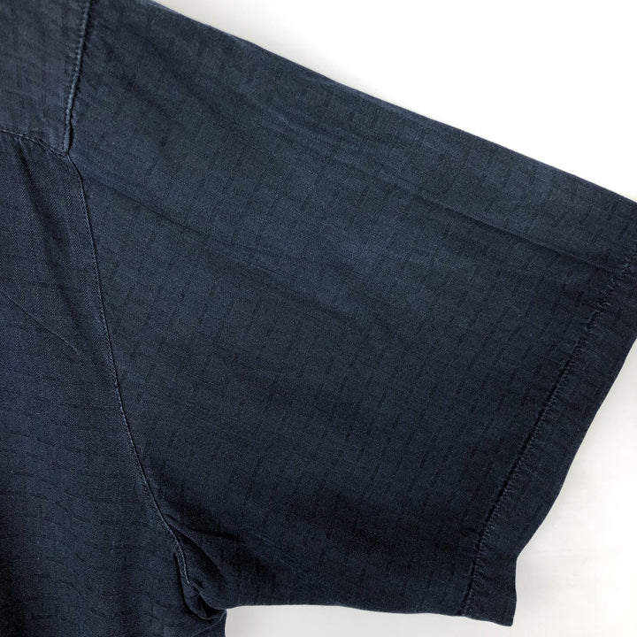 Caribbean Check Pattern Short Sleeve Open Collar Silk Shirt Box Shirt Men's Size L silk navy blue type Vintage Second Hand