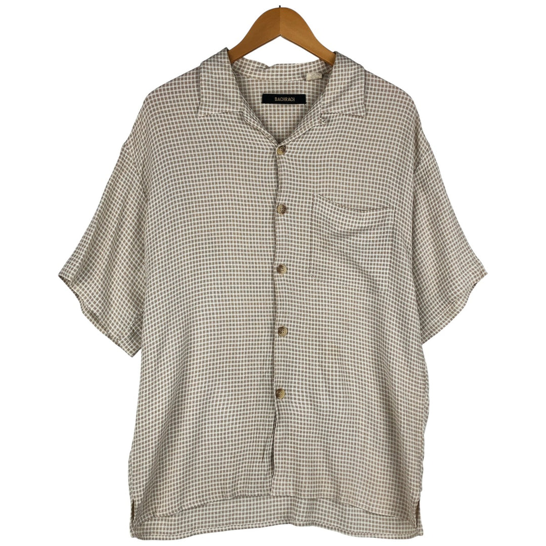 Vintage BACHRACH check pattern short-sleeved acetate and rayon open-collar box shirt, made in the USA, size L. acetate Beige type Vintage Second Hand
