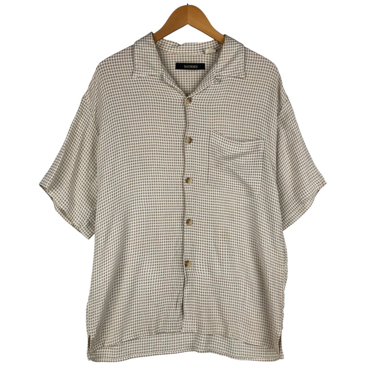 Vintage BACHRACH check pattern short-sleeved acetate and rayon open-collar box shirt, made in the USA, size L. acetate Beige type Vintage Second Hand