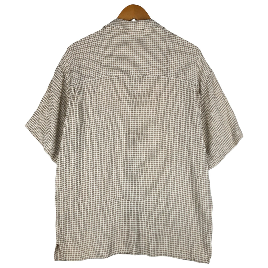 Vintage BACHRACH check pattern short-sleeved acetate and rayon open-collar box shirt, made in the USA, size L. acetate Beige type Vintage Second Hand