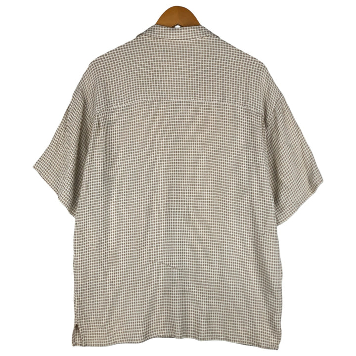 Vintage BACHRACH check pattern short-sleeved acetate and rayon open-collar box shirt, made in the USA, size L. acetate Beige type Vintage Second Hand
