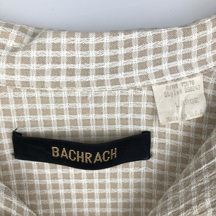 Vintage BACHRACH check pattern short-sleeved acetate and rayon open-collar box shirt, made in the USA, size L. acetate Beige type Vintage Second Hand