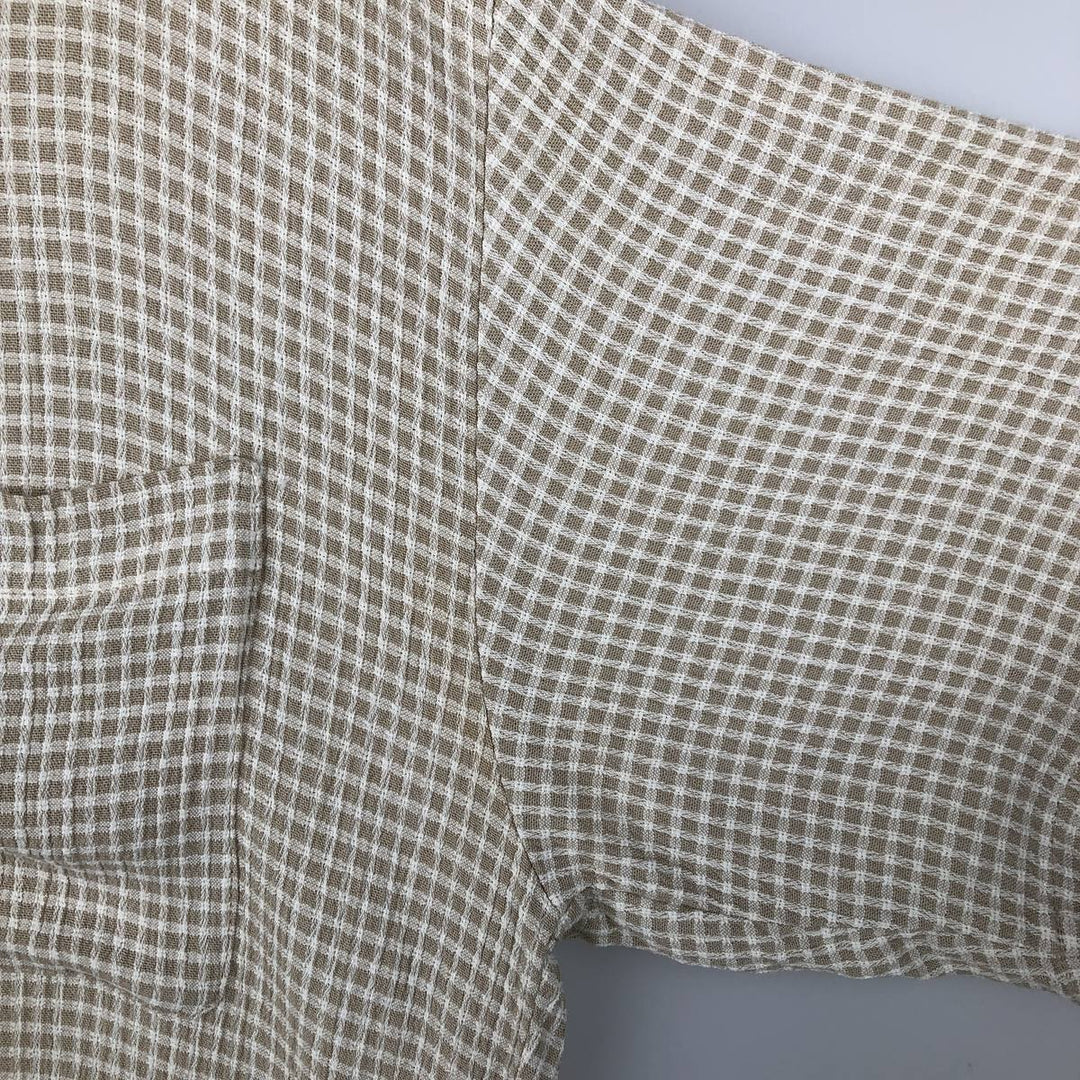 Vintage BACHRACH check pattern short-sleeved acetate and rayon open-collar box shirt, made in the USA, size L. acetate Beige type Vintage Second Hand