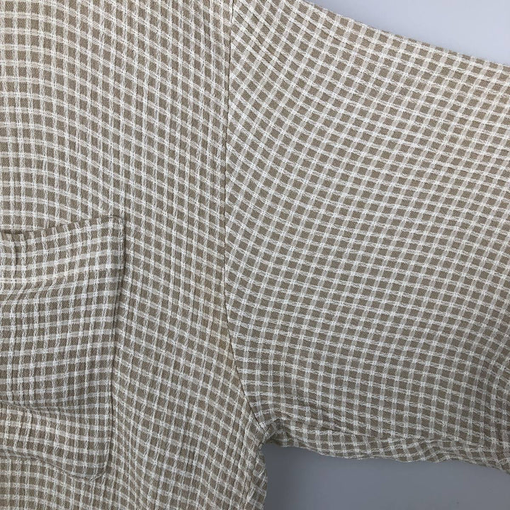 Vintage BACHRACH check pattern short-sleeved acetate and rayon open-collar box shirt, made in the USA, size L. acetate Beige type Vintage Second Hand