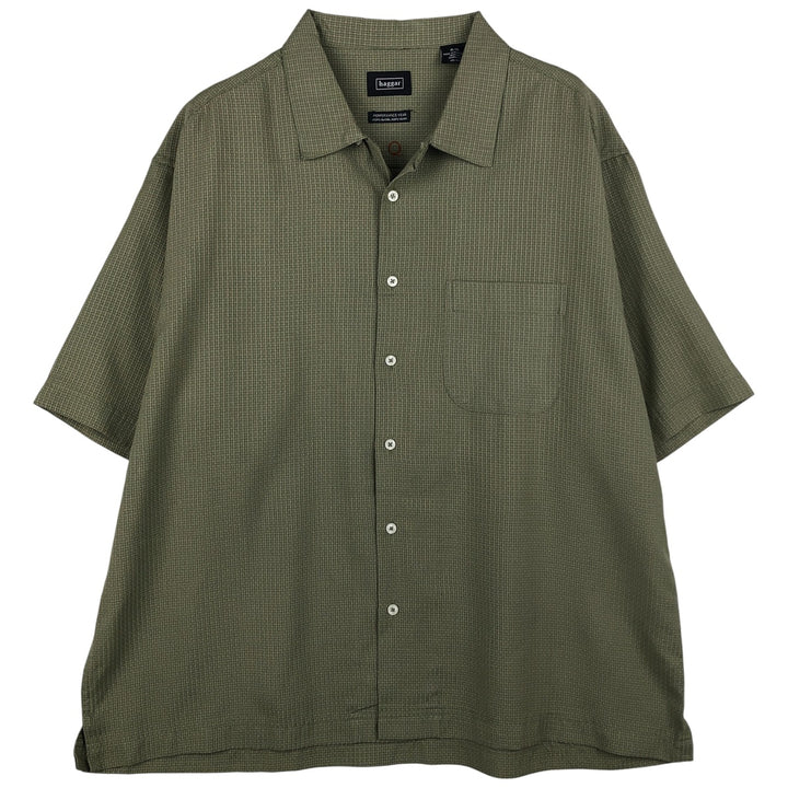 Haggar Check Pattern Short Sleeve Open Collar Rayon Box Shirt, Men's XL Rayon Green type dark green Vintage Second Hand