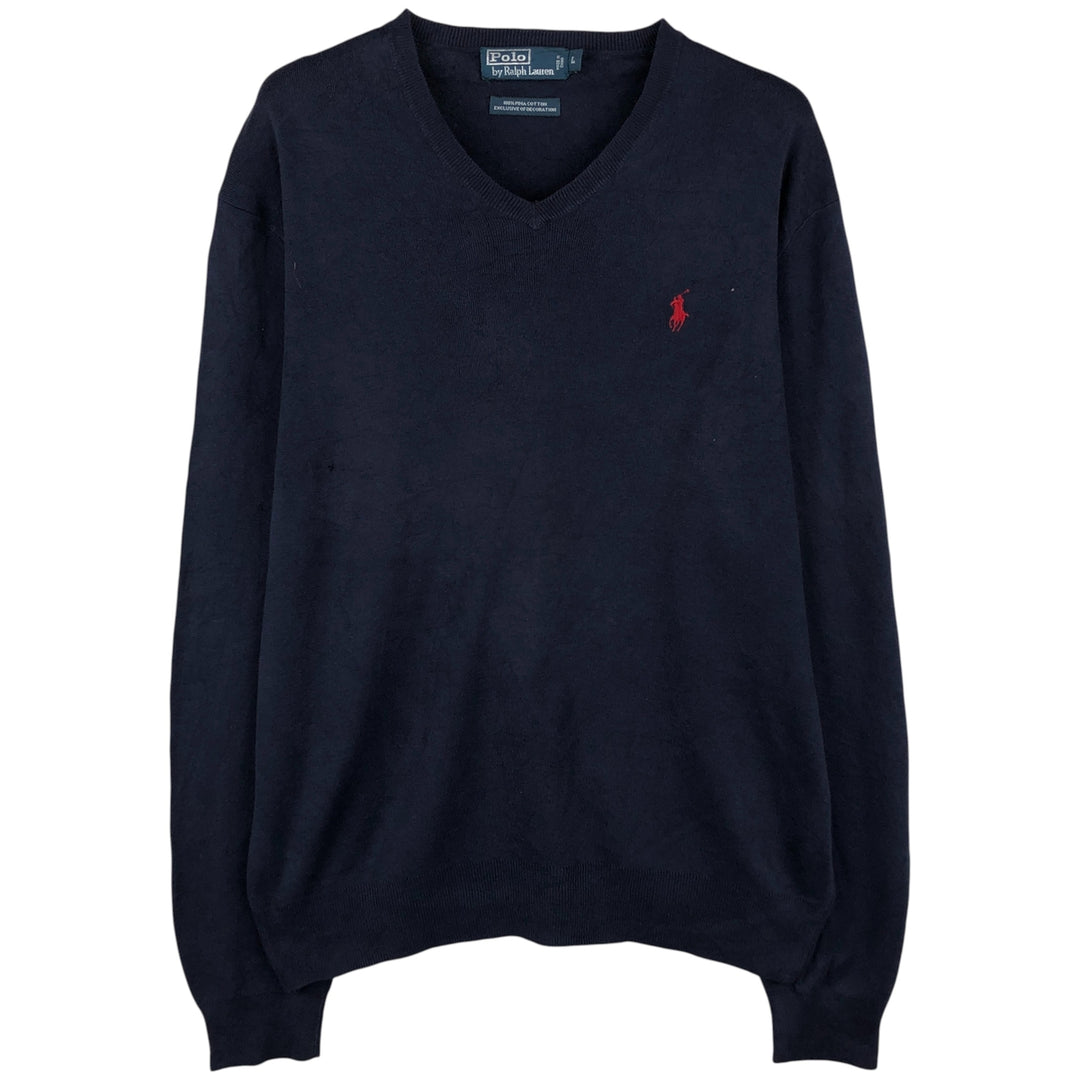 Ralph Lauren POLO by Ralph Lauren V-neck Pima cotton knit sweater, men's size L Pima Cotton navy blue type Vintage Second Hand