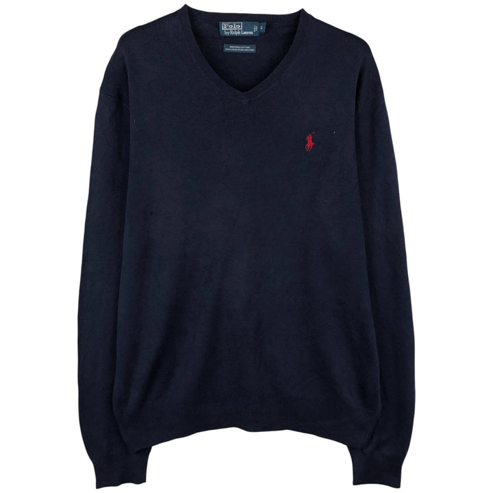 Ralph Lauren POLO by Ralph Lauren V-neck Pima cotton knit sweater, men's size L Pima Cotton navy blue type Vintage Second Hand
