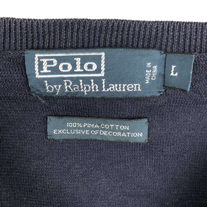 Ralph Lauren POLO by Ralph Lauren V-neck Pima cotton knit sweater, men's size L Pima Cotton navy blue type Vintage Second Hand