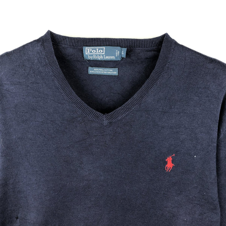 Ralph Lauren POLO by Ralph Lauren V-neck Pima cotton knit sweater, men's size L Pima Cotton navy blue type Vintage Second Hand