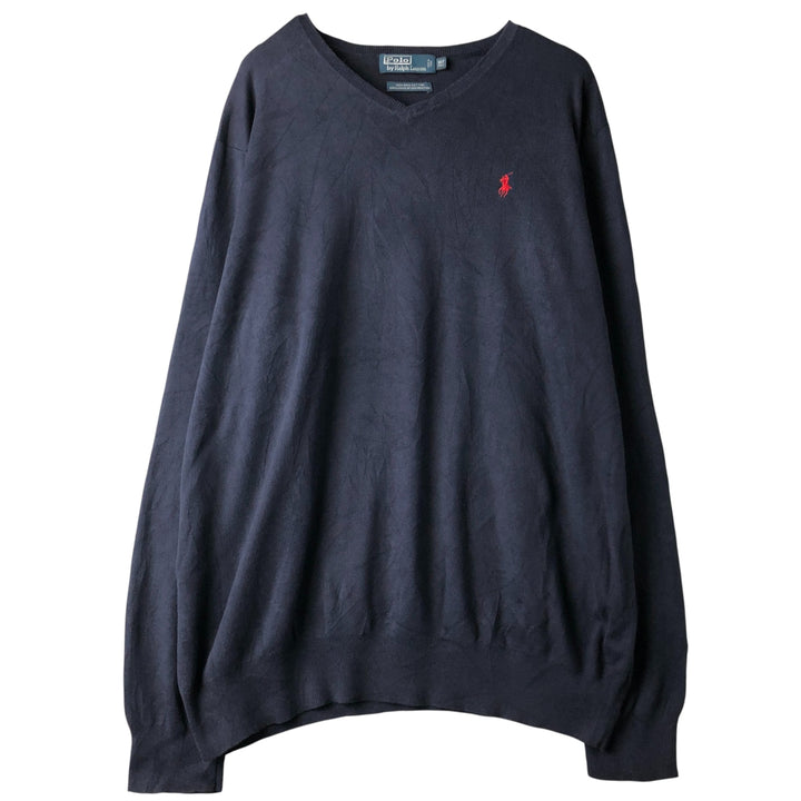 Ralph Lauren POLO by Ralph Lauren V-neck Pima cotton knit sweater, men's size XL Pima Cotton navy blue type Vintage Second Hand
