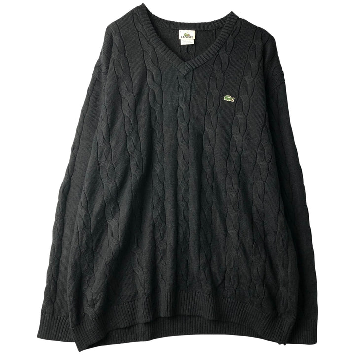 Oversized 90'S Lacoste V-neck cable knit cotton sweater, made in France, men's size XXXL. cotton navy blue type Vintage Second Hand