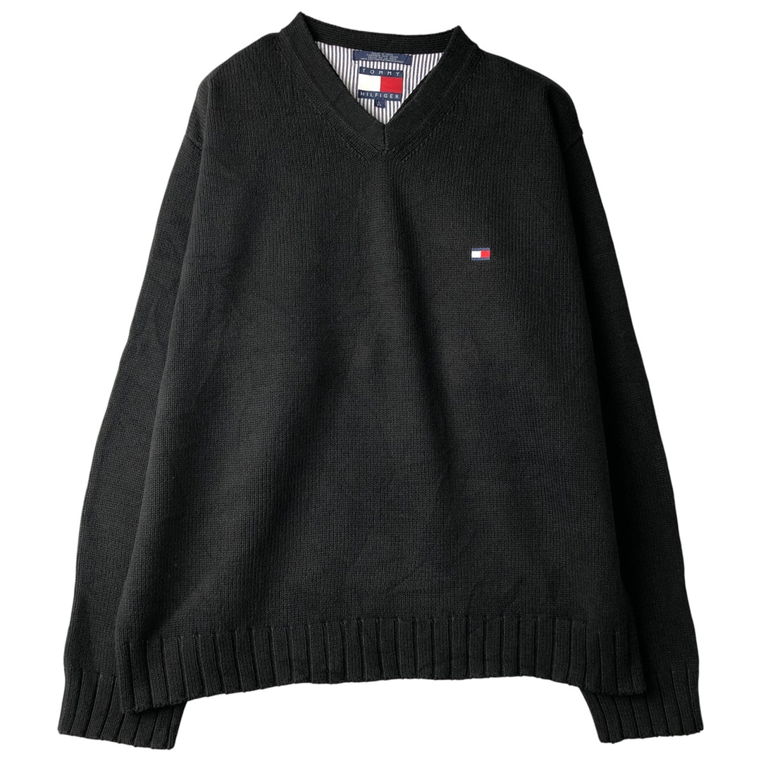 Vintage 90'S Tommy Hilfiger V-neck cotton knit sweater, size L, men's size L cotton black type Vintage Second Hand