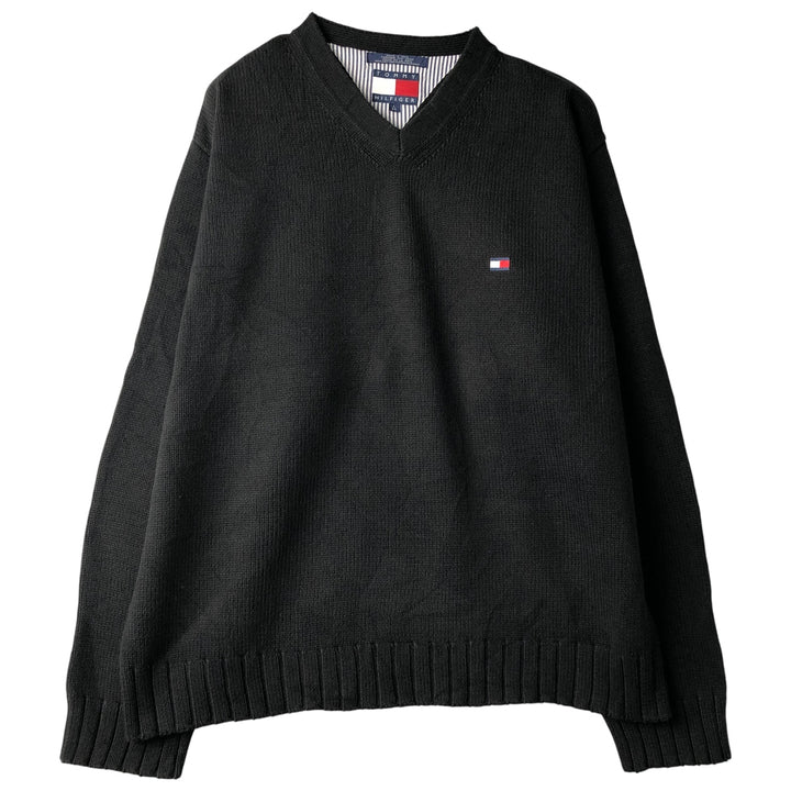Vintage 90'S Tommy Hilfiger V-neck cotton knit sweater, size L, men's size L cotton black type Vintage Second Hand