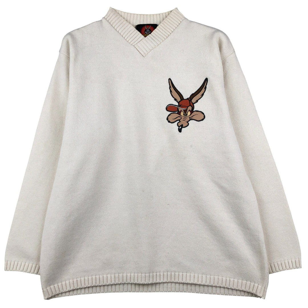 90'S Looney Tunes Wile E. Coyote V-neck acrylic and cotton knit sweater, men's size L, vintage cotton white type Vintage Second Hand