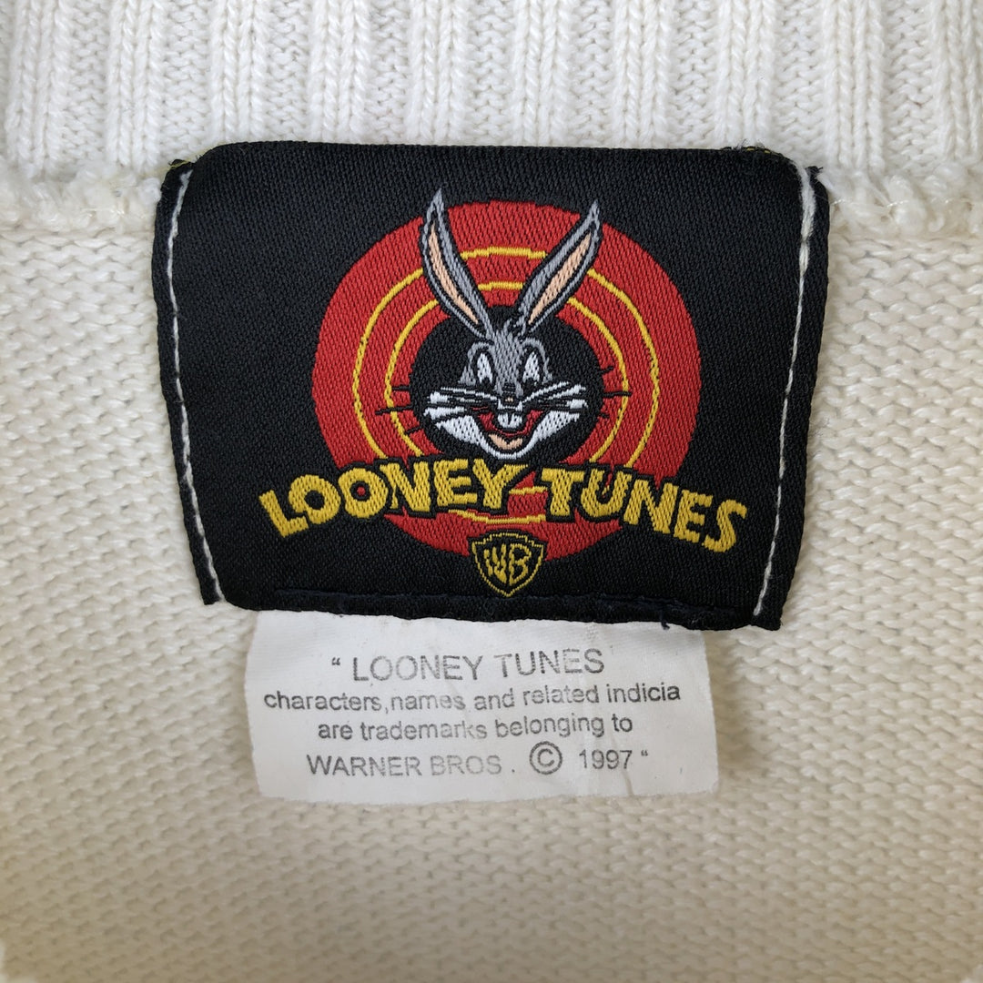 90'S Looney Tunes Wile E. Coyote V-neck acrylic and cotton knit sweater, men's size L, vintage cotton white type Vintage Second Hand