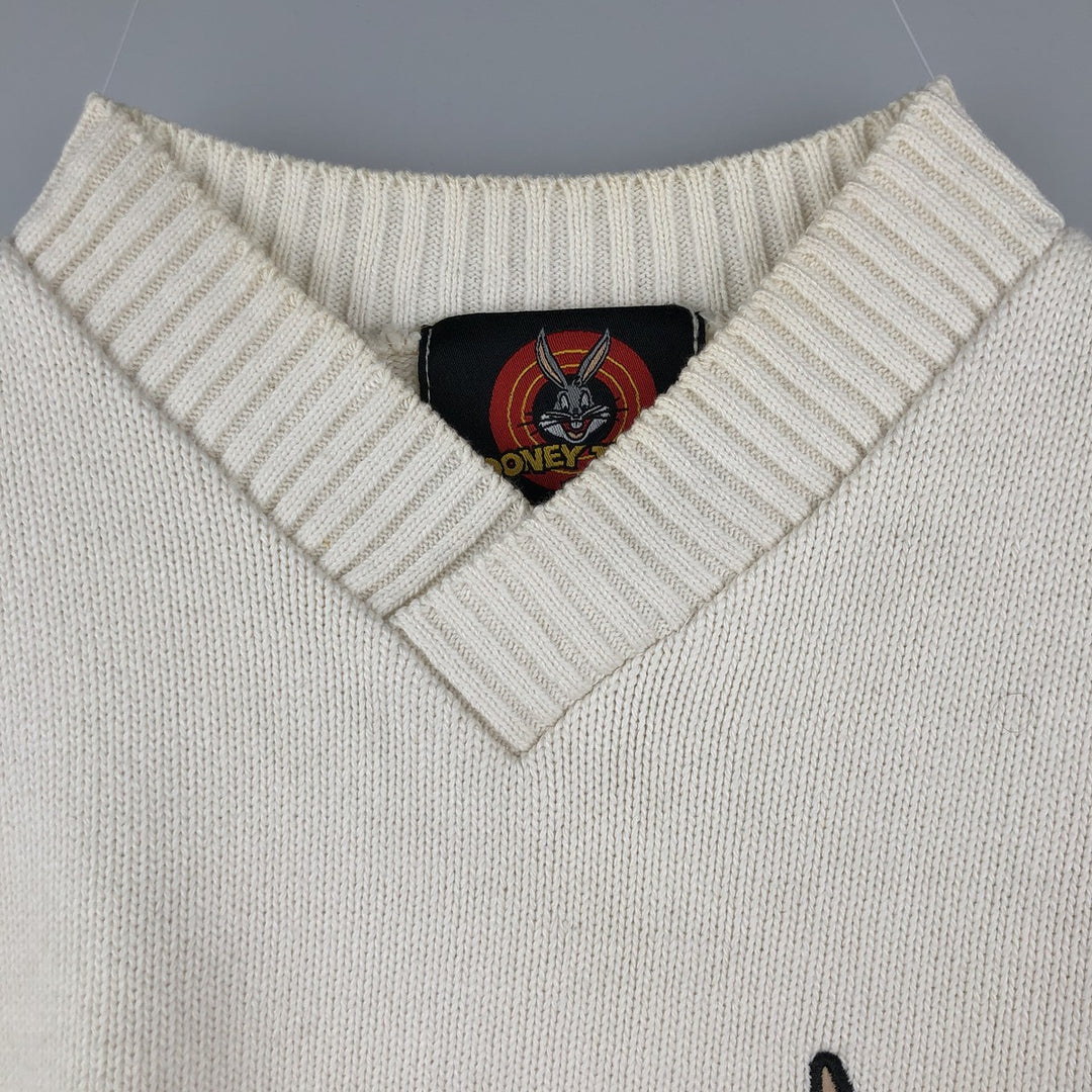 90'S Looney Tunes Wile E. Coyote V-neck acrylic and cotton knit sweater, men's size L, vintage cotton white type Vintage Second Hand