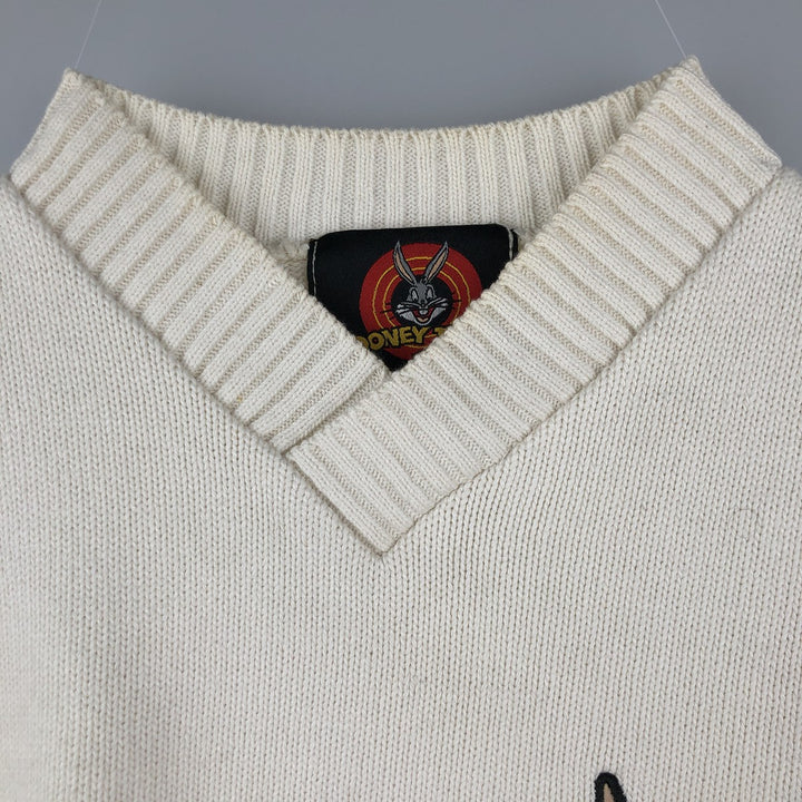 90'S Looney Tunes Wile E. Coyote V-neck acrylic and cotton knit sweater, men's size L, vintage cotton white type Vintage Second Hand