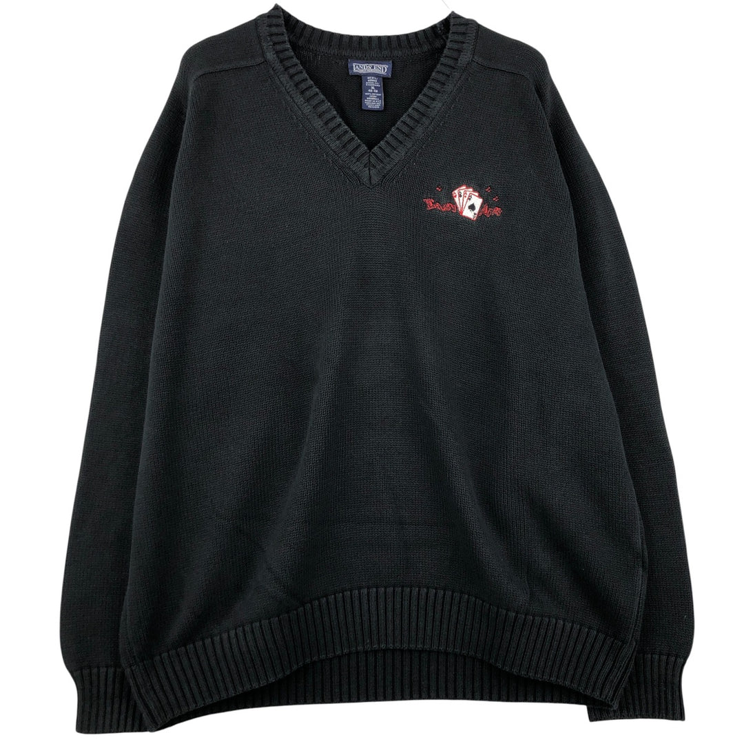 LANDS' END V-neck cotton knit sweater, Made in USA, Men's XL cotton black type Vintage Second Hand