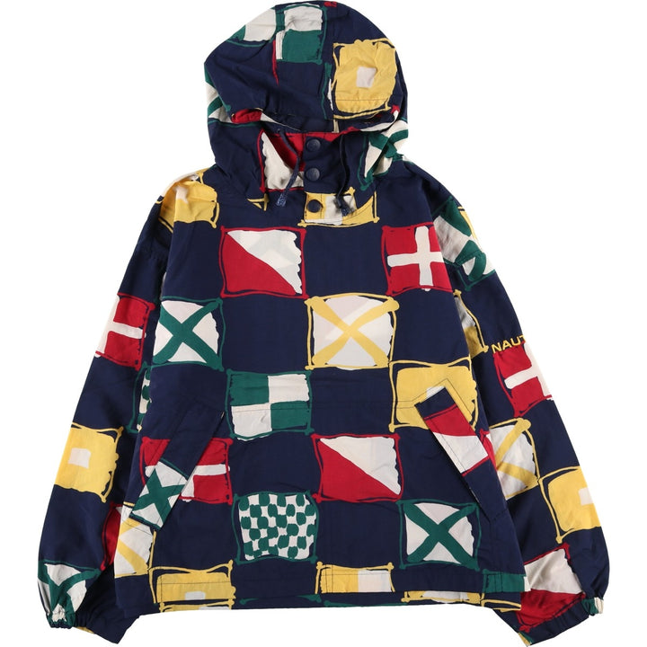 Vintage 90'S NAUTICA all-over print hooded nylon pullover, size L, men's Nylon navy blue type Vintage Second Hand