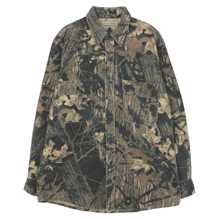 NORTHWEST TERRITORY Camouflage Pattern Realtree Camo Long Sleeve Printed Flannel Shirt, Men's Size L cotton Khaki type sage green Vintage Second Hand