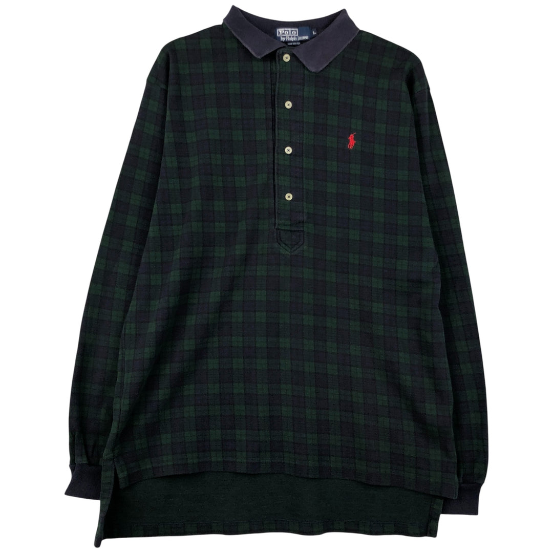 Ralph Lauren POLO by Ralph Lauren Blackwatch Check Long Sleeve Polo Shirt, Made in USA, Men's Size L cotton navy blue type Vintage Second Hand