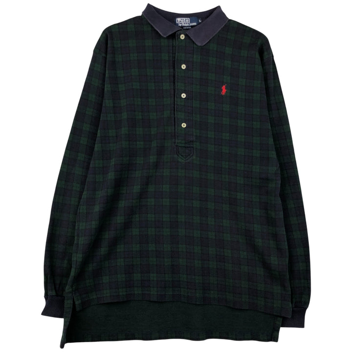 Ralph Lauren POLO by Ralph Lauren Blackwatch Check Long Sleeve Polo Shirt, Made in USA, Men's Size L cotton navy blue type Vintage Second Hand