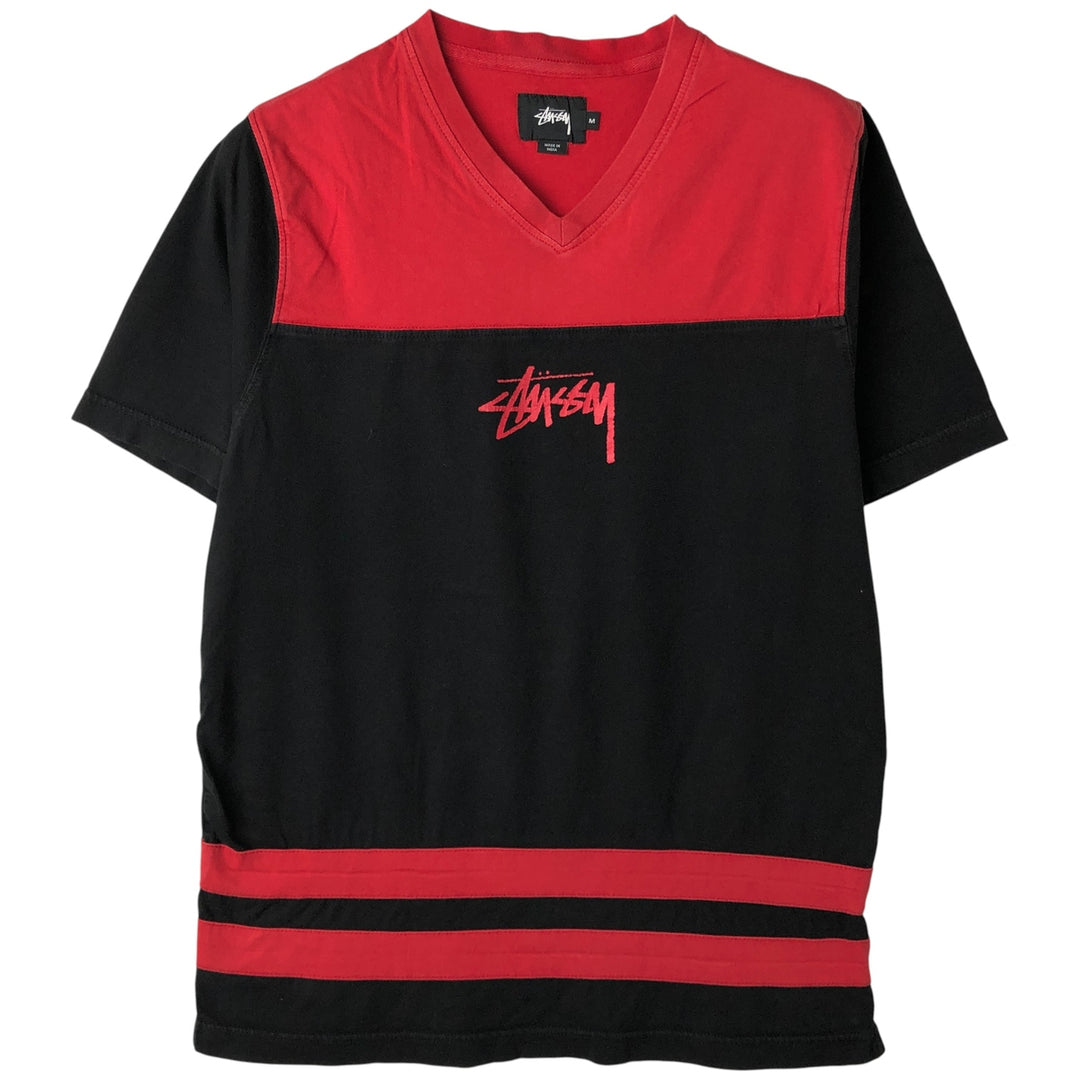 Stussy V-neck logo print T-shirt, men's size M cotton black type Vintage Second Hand