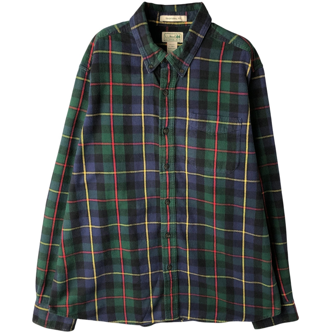 LLBean Tartan Check Long Sleeve Button-Down Light Flannel Check Shirt, Men's Size L cotton green type Vintage Second Hand