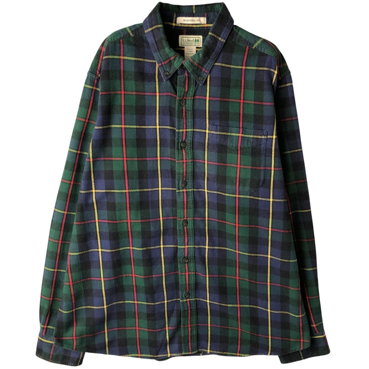 LLBean Tartan Check Long Sleeve Button-Down Light Flannel Check Shirt, Men's Size L cotton green type Vintage Second Hand