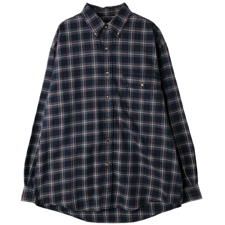 2000'S Eddie Bauer long-sleeved button-down light flannel check shirt, men's size M cotton navy blue type Vintage Second Hand