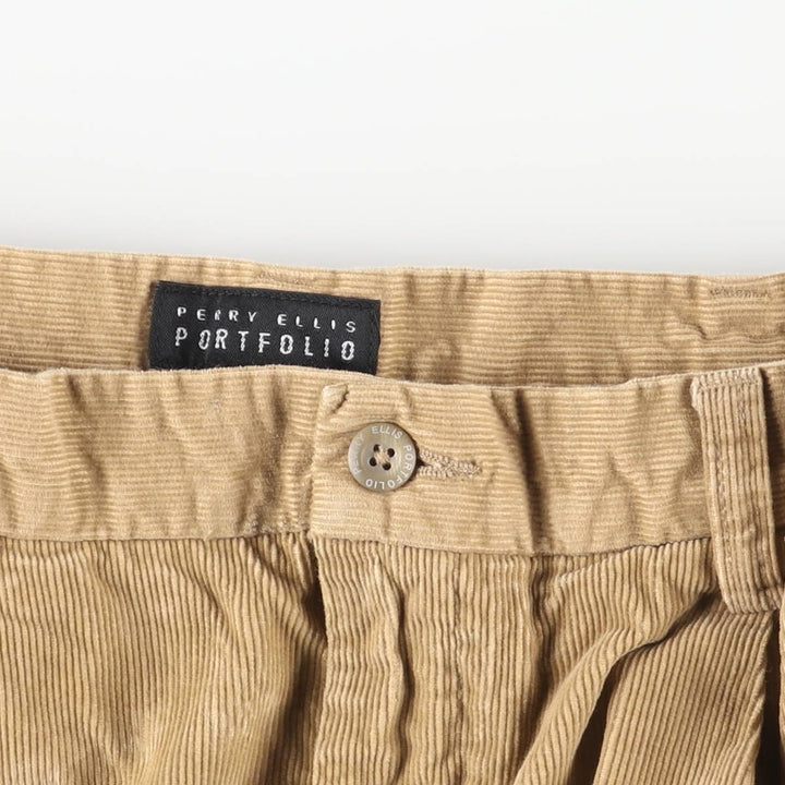 Perry Ellis PORT FOLIO Two-pleat Corduroy Pants, Men's, Size W34 cotton brown type Vintage Second Hand