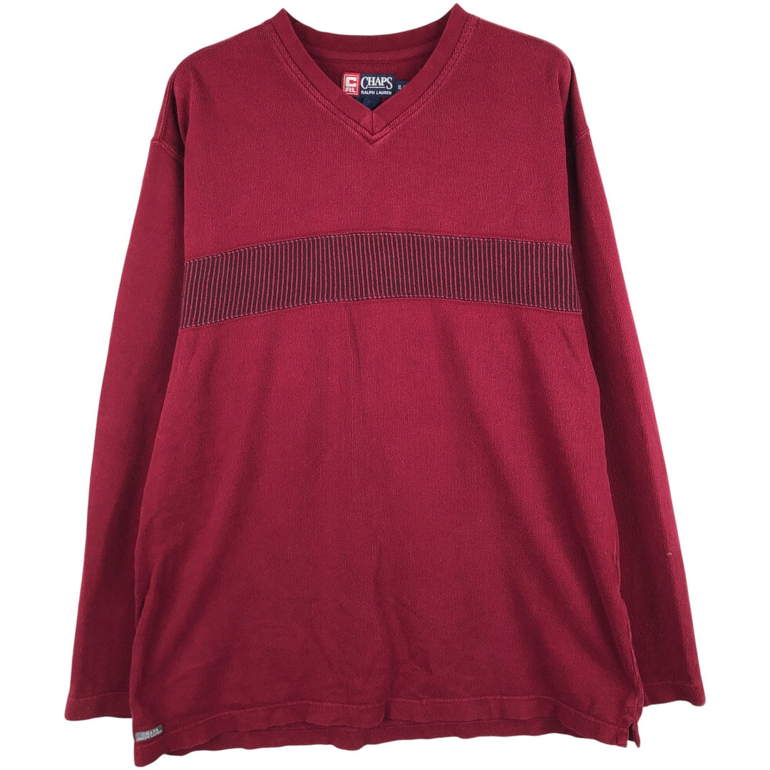 Ralph Lauren CHAPS V-neck long T-shirt, men's XL size cotton wine-red Vintage Second Hand
