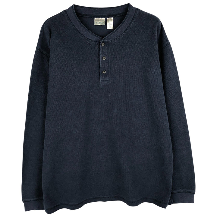 LLBean Henley Neck Long Sleeve T-Shirt, Made in Canada, Men's Size L cotton navy blue type Vintage Second Hand