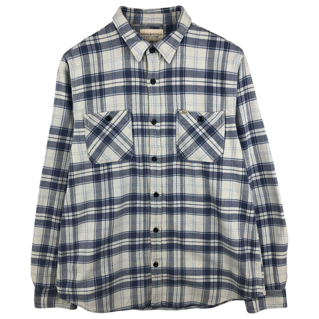 Ralph Lauren DENIM AND SUPPLY Men's Long Sleeve Flannel Check Shirt, Size XXL cotton Navy blue Vintage Second Hand