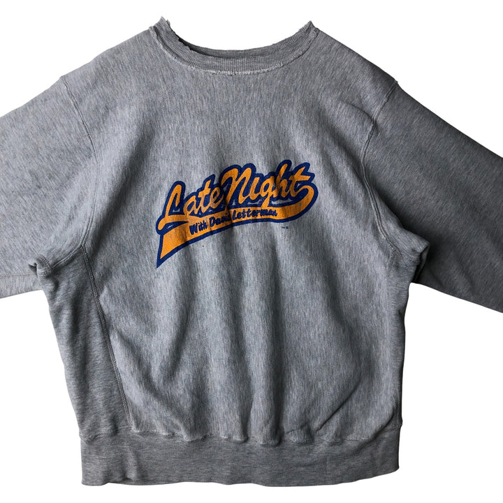 90'S MVP "Late Night with David Letterman" Print Sweatshirt, Made in USA, Men's Size XL cotton gray type Vintage Second Hand