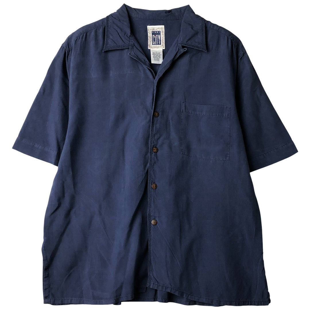 CITY Short Sleeve Open Collar Silk Shirt, Box Shirt, Men's Size L silk blue type Vintage Second Hand