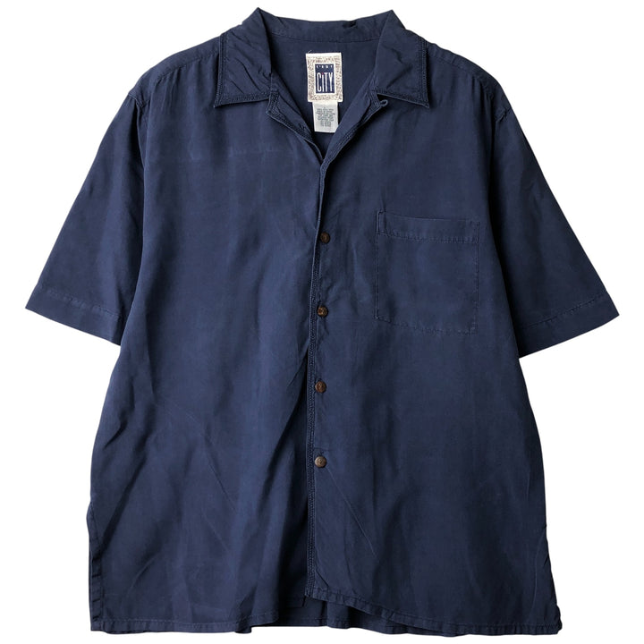 CITY Short Sleeve Open Collar Silk Shirt, Box Shirt, Men's Size L silk blue type Vintage Second Hand