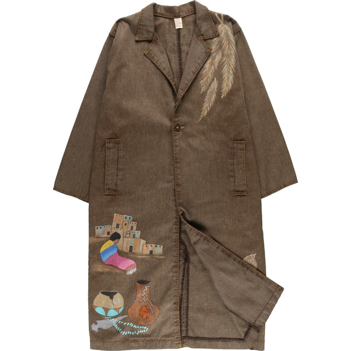 Painted denim long coat, made in the USA, women's size M cotton brown type Vintage Second Hand