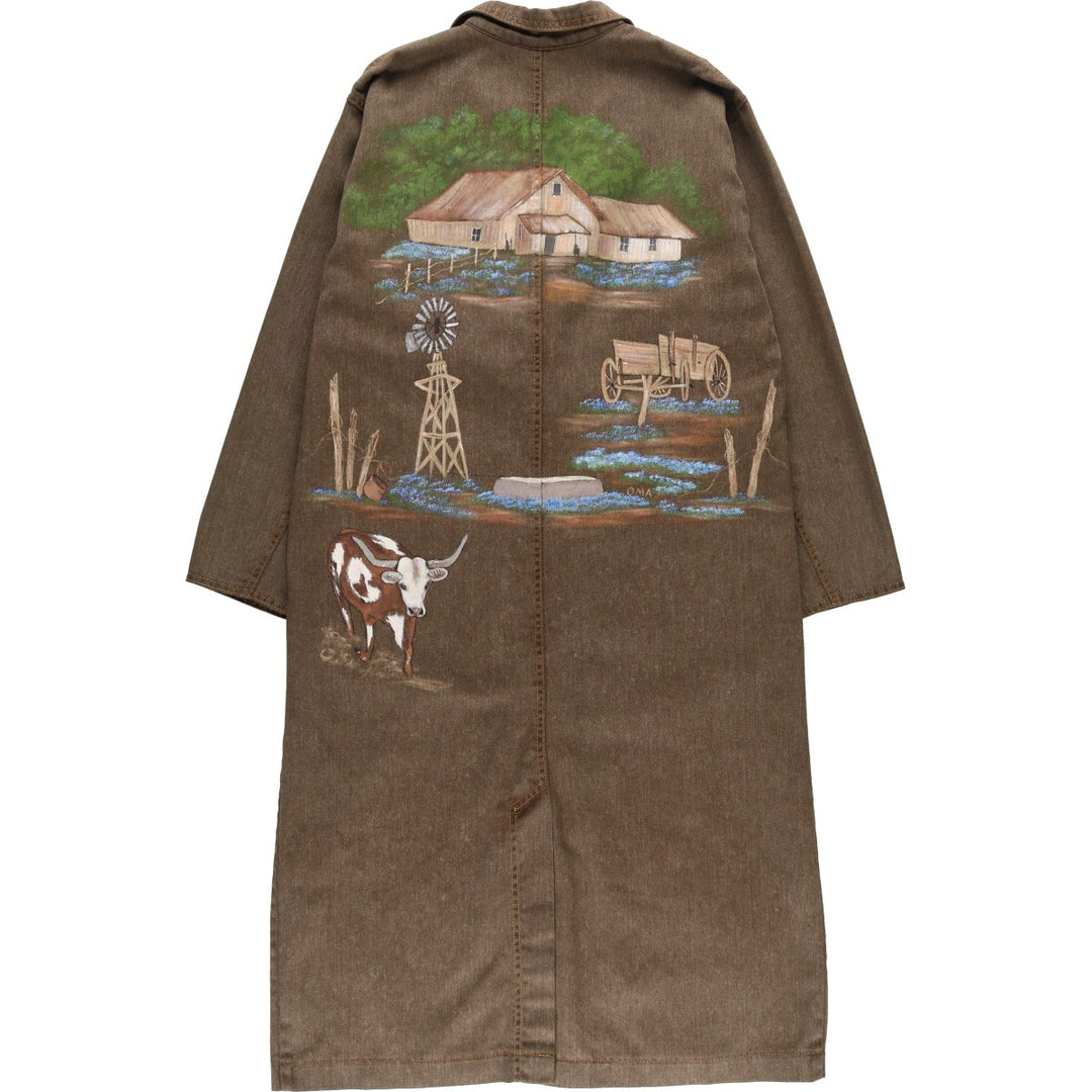 Painted denim long coat, made in the USA, women's size M cotton brown type Vintage Second Hand