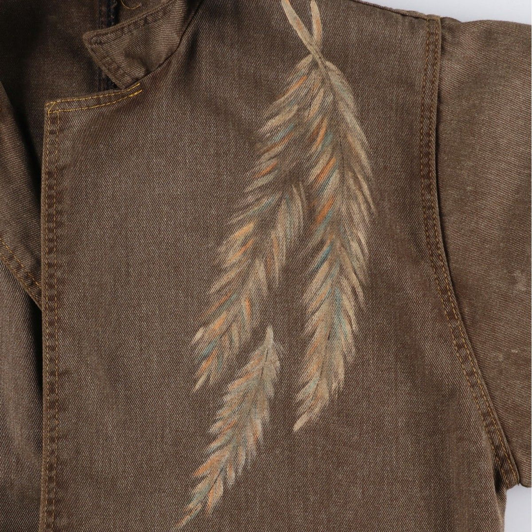 Painted denim long coat, made in the USA, women's size M cotton brown type Vintage Second Hand