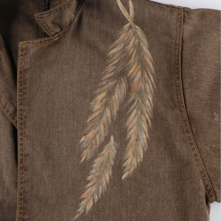 Painted denim long coat, made in the USA, women's size M cotton brown type Vintage Second Hand