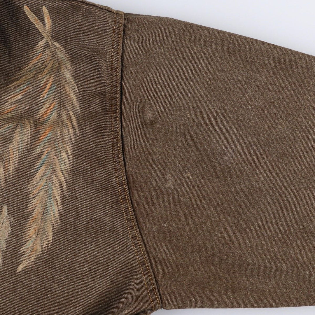 Painted denim long coat, made in the USA, women's size M cotton brown type Vintage Second Hand
