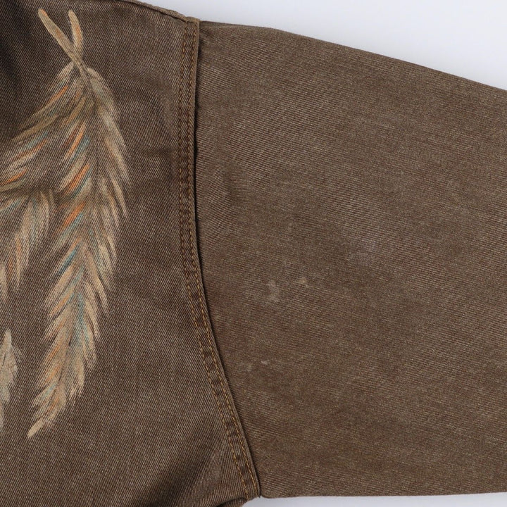 Painted denim long coat, made in the USA, women's size M cotton brown type Vintage Second Hand