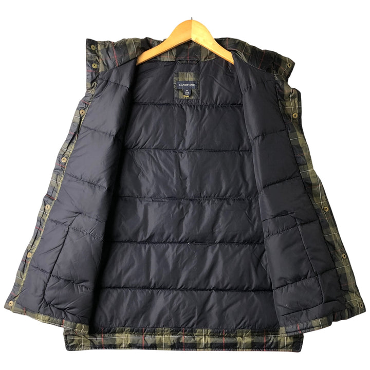 2000'S Lands' End Check Pattern Padded Down Vest, Men's Size Medium polyester navy blue type Vintage Second Hand