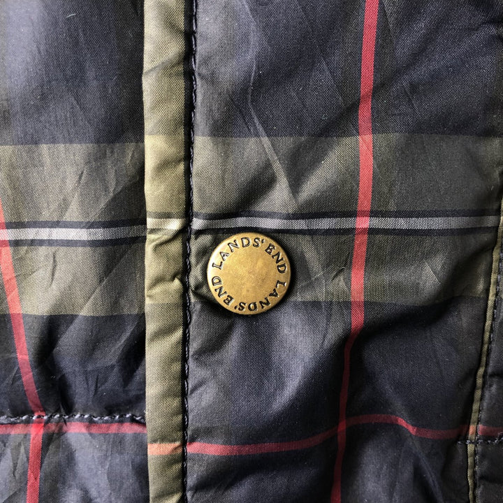 2000'S Lands' End Check Pattern Padded Down Vest, Men's Size Medium polyester navy blue type Vintage Second Hand