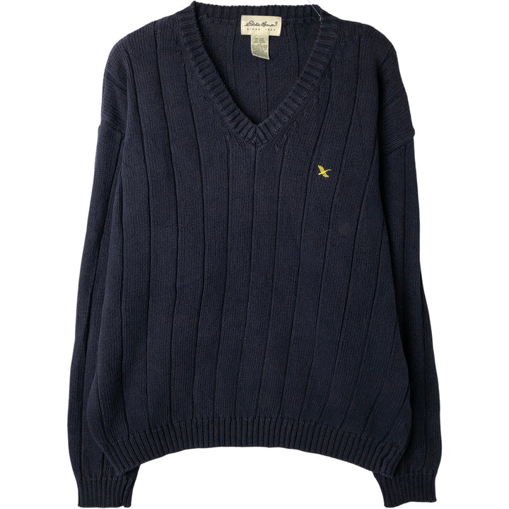 Eddie Bauer V-neck cotton knit sweater, men's size L cotton navy blue type Vintage Second Hand